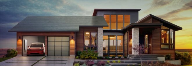 rendering of home with Tesla solar roof tiles