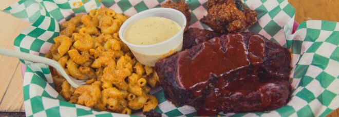 barbecue tempeh and vegan mac and cheese in a dish from Homegrown Smoker Vegan BBQ in Portland