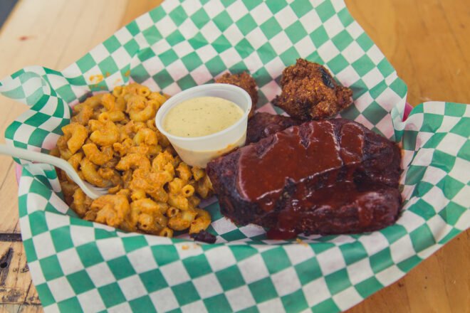 barbecue tempeh and vegan mac and cheese in a dish from Homegrown Smoker Vegan BBQ in Portland