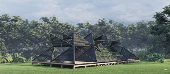 rendering of pyramid-shaped bamboo structure