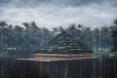 rendering of pyramid-shaped bamboo structure on water