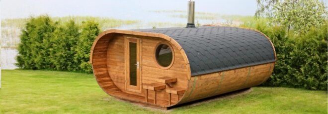 oval-shaped wooden sauna