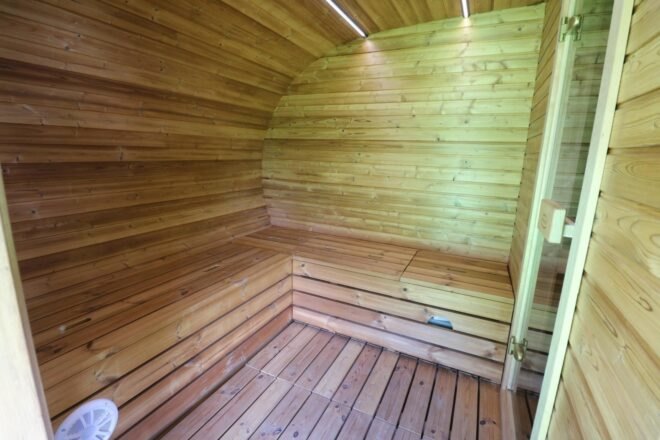wood benches inside a sauna