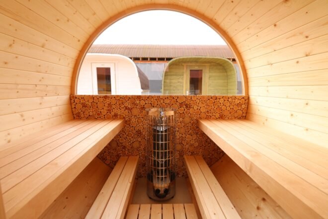 wood sauna with electric heater
