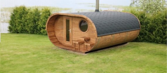 oval-shaped wooden sauna