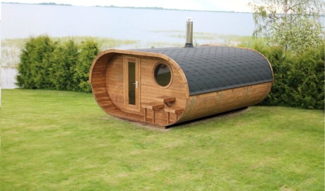 oval-shaped wooden sauna