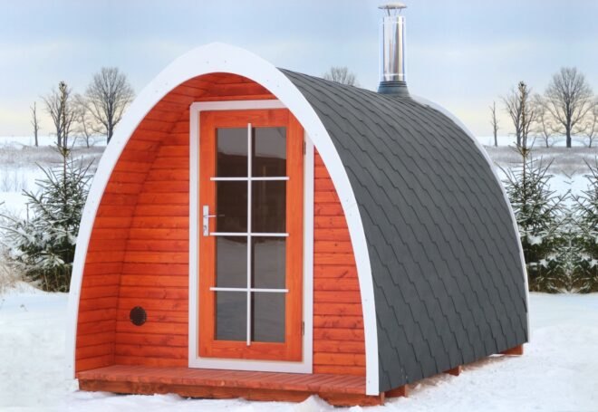 igloo-shaped red wooden sauna