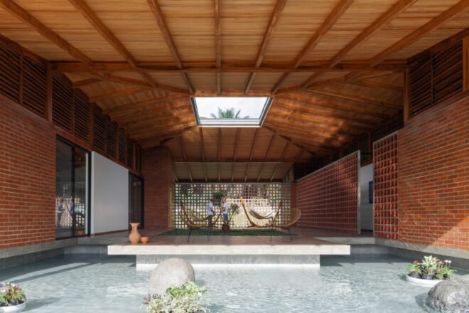 concrete platform over shallow water feature