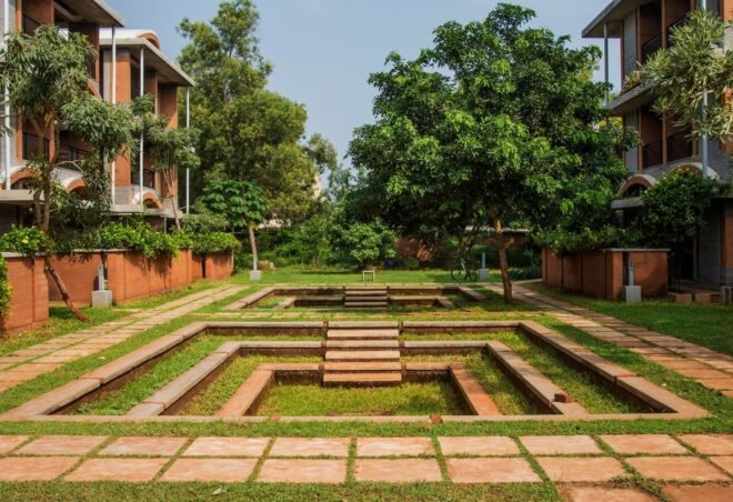 interior garden space with stepped levels