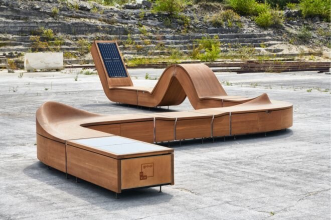 curvaceous wooden lounge chair with solar panels