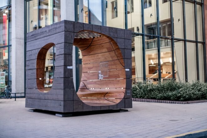 wood cube structure in a city