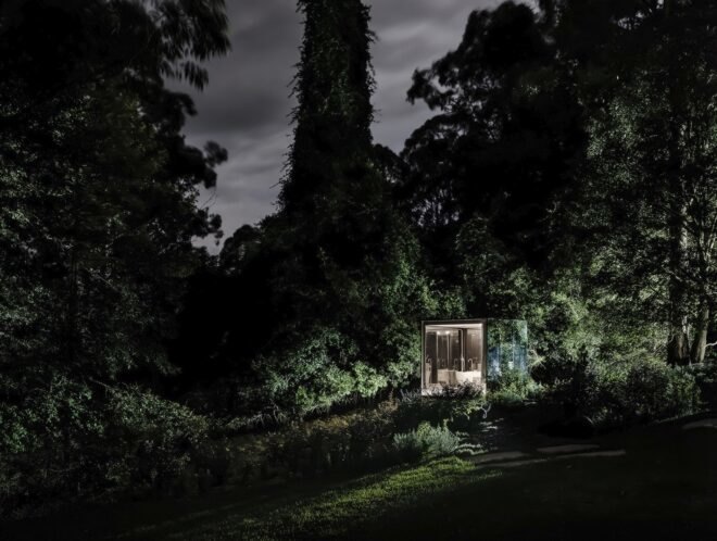 small mirrored building lit up at night in a forest