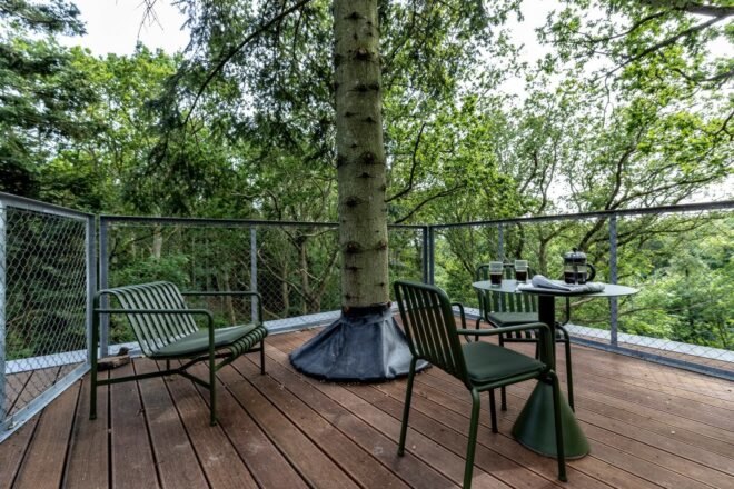 open-air deck with tree growing out of it