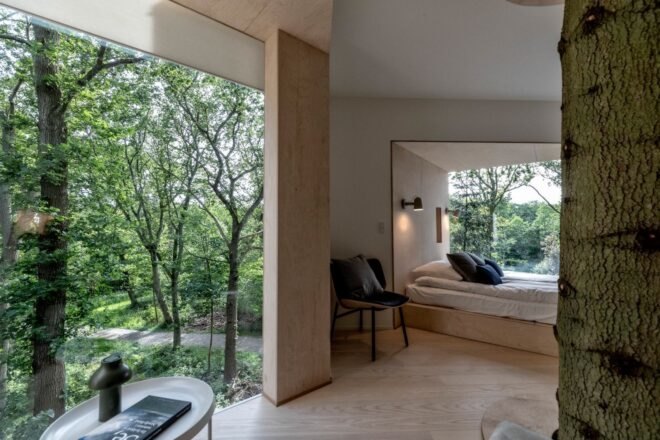 treehouse with double bed and large glass walls
