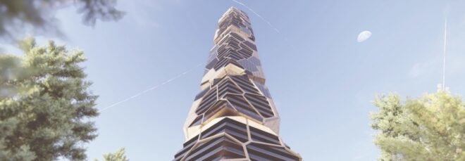 rendering of worm's eye view of tower