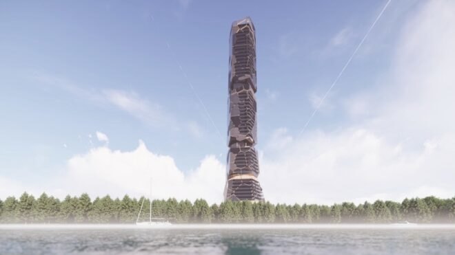 rendering of tower rising from a forest