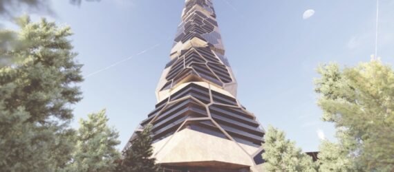 rendering of worm's eye view of tower