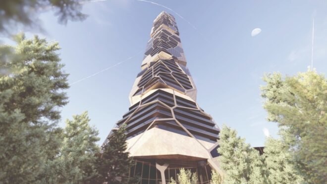 rendering of worm's eye view of tower