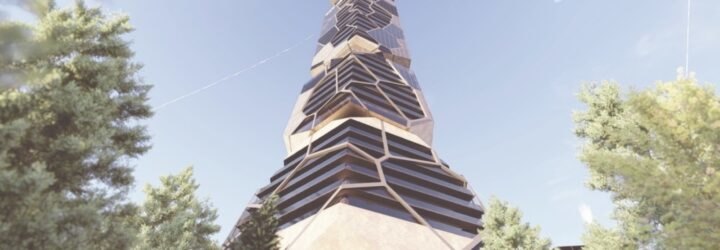 rendering of worm's eye view of tower