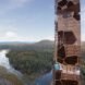 rendering of brown tower with stone shapes on exterior