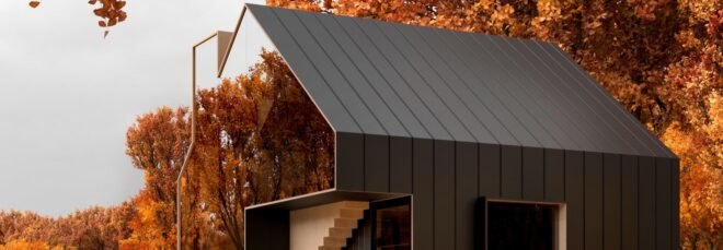 rendering of black gabled home with one continuous glass wall