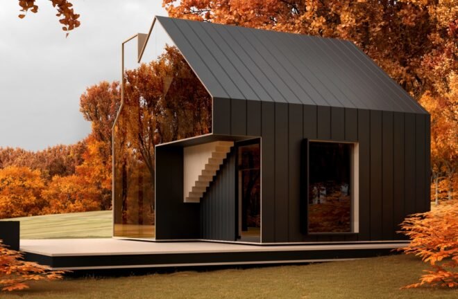 rendering of black gabled home with one continuous glass wall