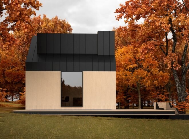 rendering of side of timber and black home in an autumnal forest landscape