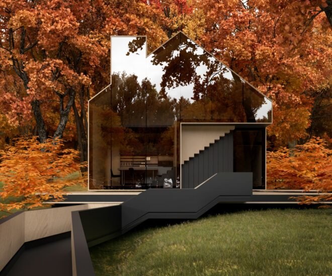 rendering of glass front facade of simple gabled home