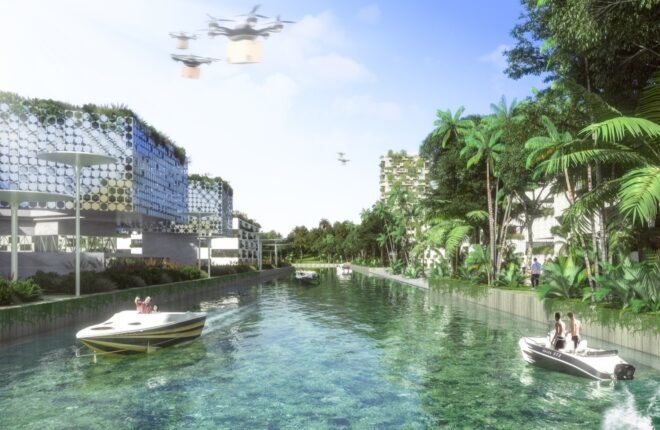 rendering of canals in a city