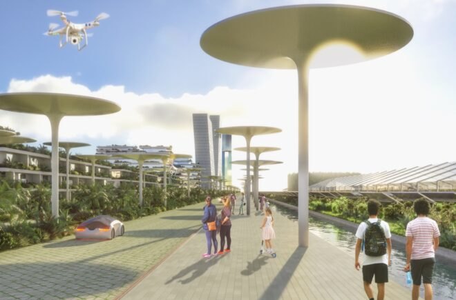 rendering of people walking on sidewalk with tall solar shading sculptures