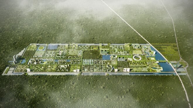 aerial rendering of city surrounded by forest