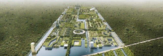 aerial rendering of city covered in greenery