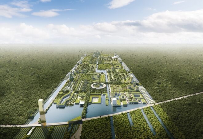 aerial rendering of city covered in greenery