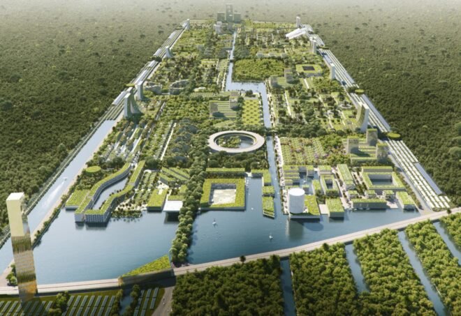 aerial rendering of city full of plants and bodies of water