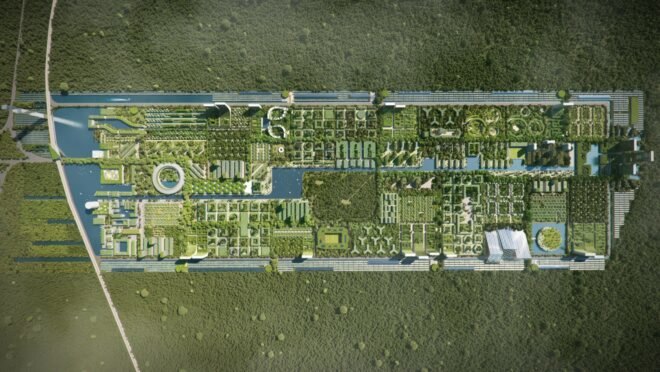 aerial rendering of long, narrow city with plenty of trees
