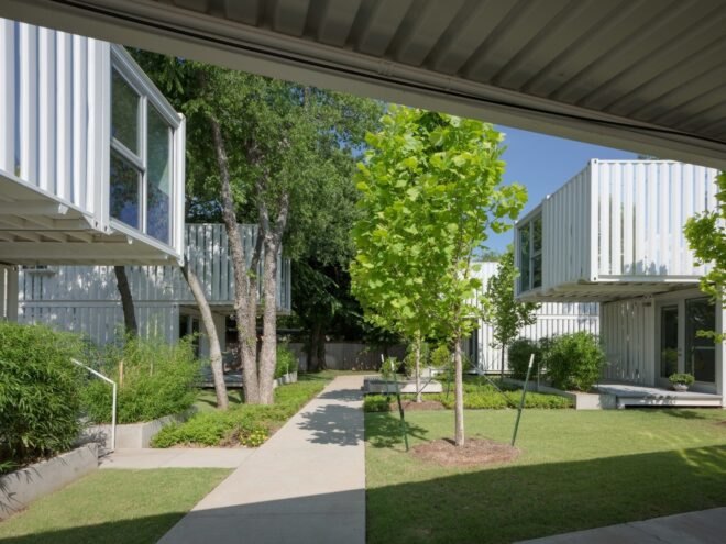 shipping container complex with greenery