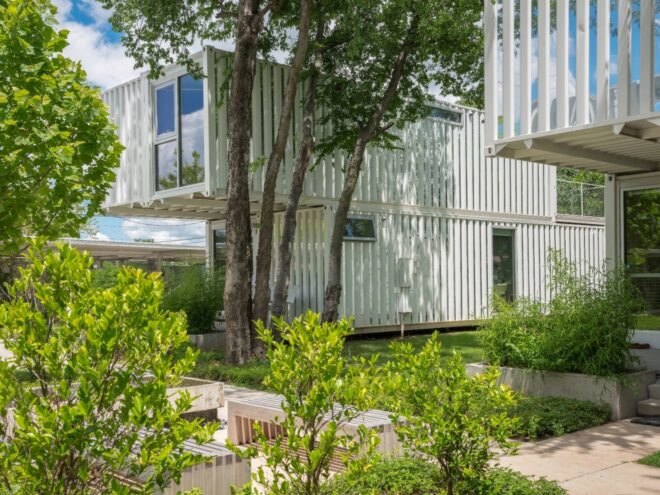 shipping container complex with greenery