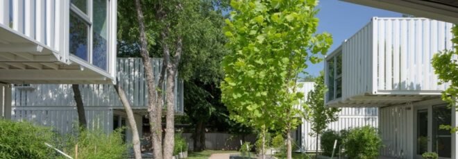 shipping container complex with greenery