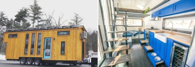cedar-clad tiny home on wheels with a bright blue kitchen