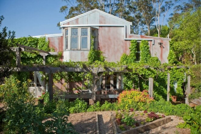 metal shed with garden in backyard