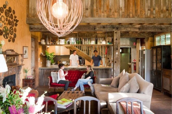 vintage furniture in an open living and kitchen space