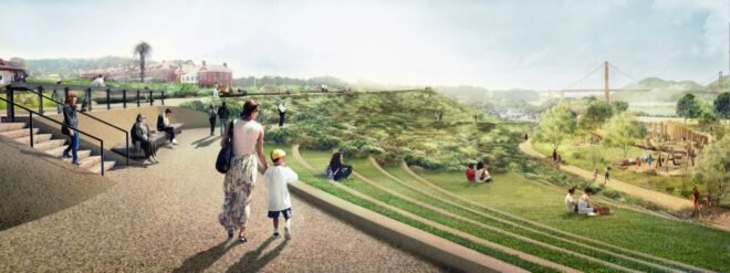 rendering of green, stair-stepped landscape in a park