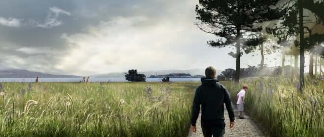 rendering of people on a walking path surrounded by tall grasses