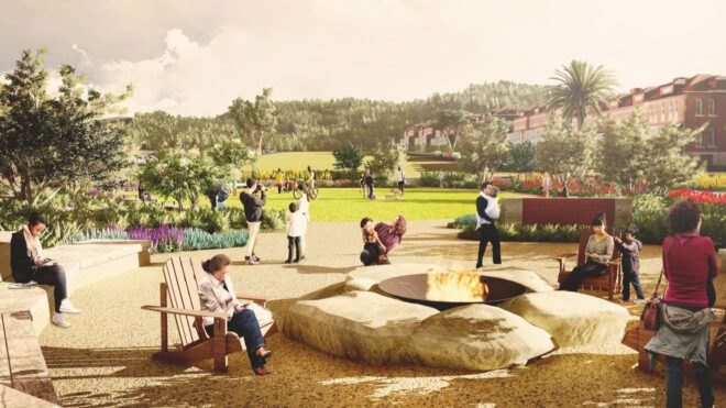 rendering of people around a fire pit in a park