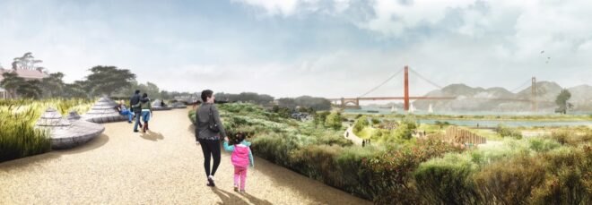 rendering of families walking on a path near plants with Golden Gate Bridge on the horizon