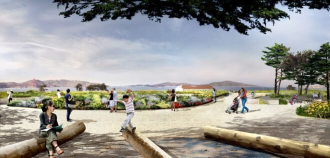 rendering of people walking near flowers in a park