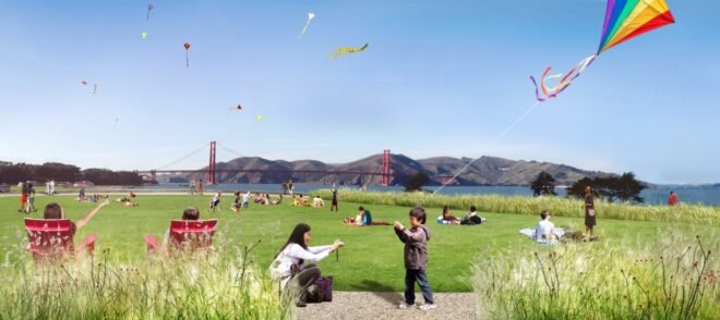rendering of people flying kits with view of Golden Gate Bridge in the distance