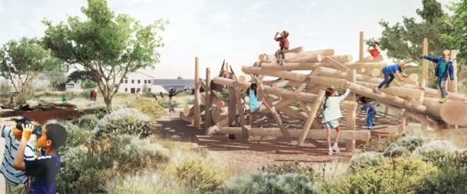 Rendering of children playing on a playground that mocks the appearance of a pile of logs