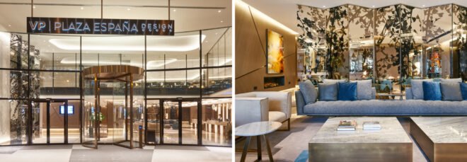 On the left, hotel entrance with glass walls and sign that reads VP Plaza España Design. On the right, hotel lobby with gray sofa and patterned room divider