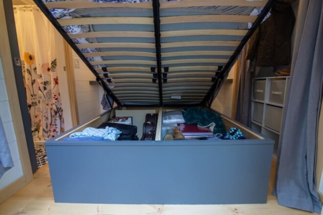 bed fully lifted with storage underneath